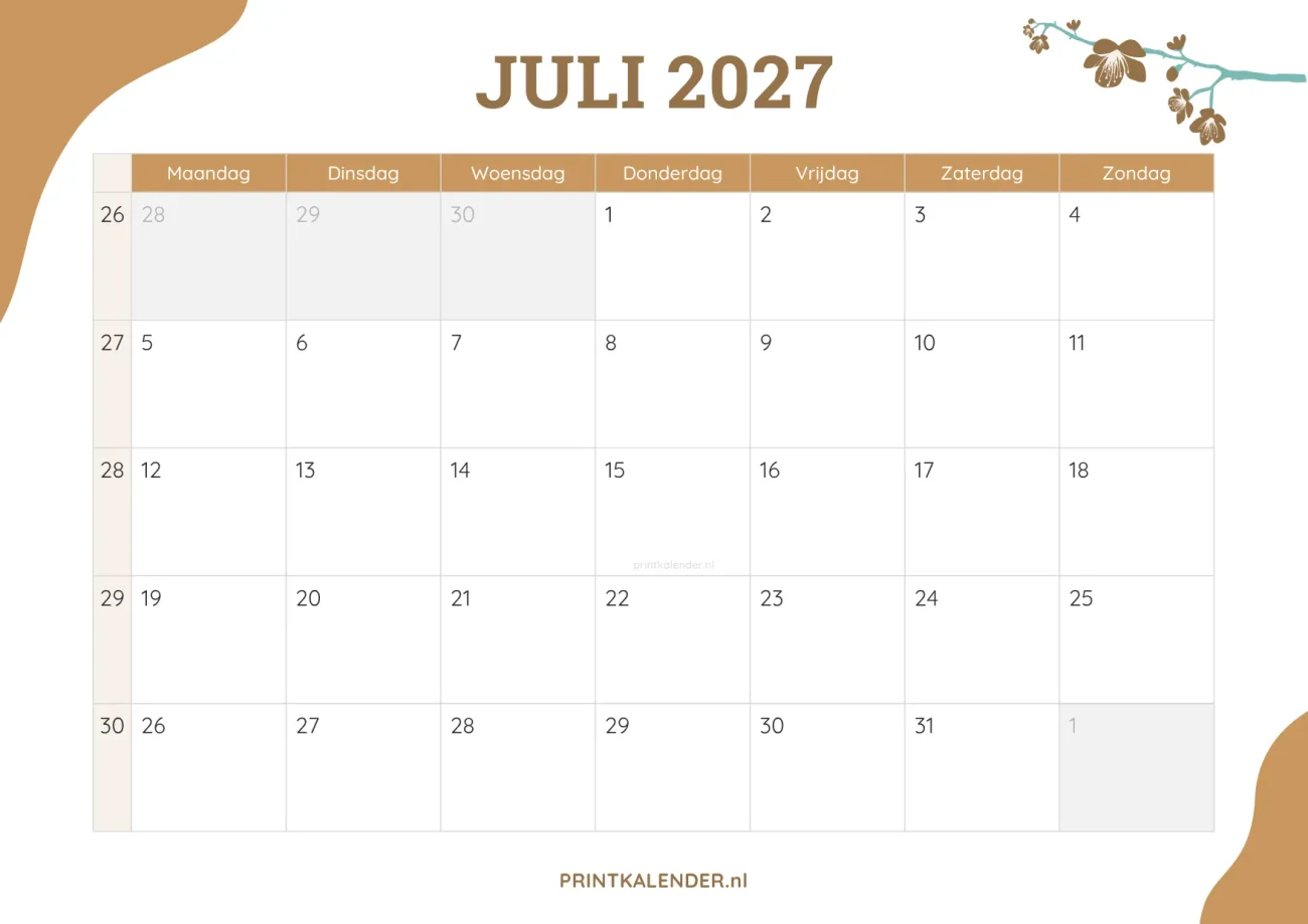 printbare kalender juli 2027 - elegant ontwerp met bloemmotief