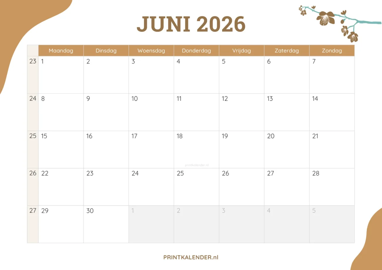 printbare kalender juni 2026 - elegant ontwerp met bloemmotief