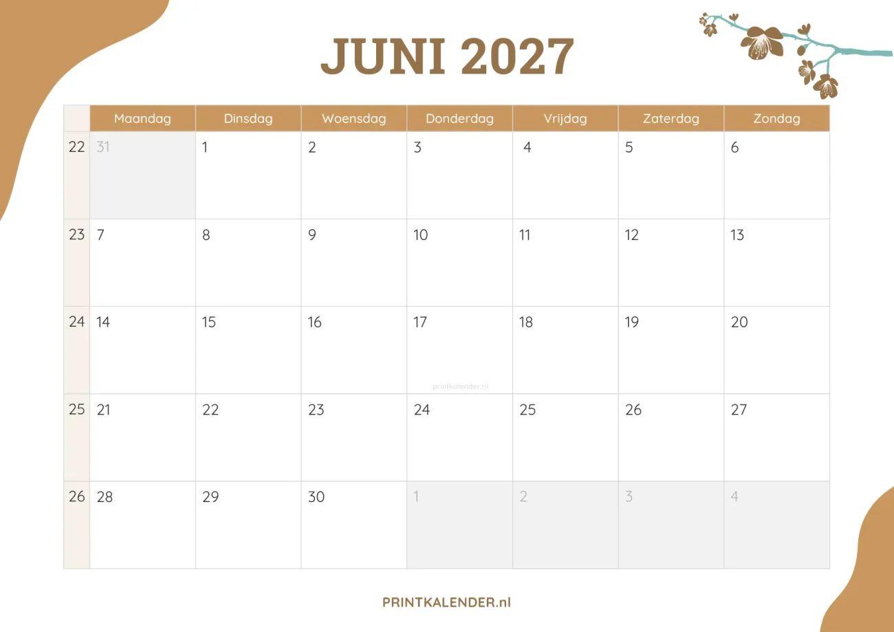 printbare kalender juni 2027 - elegant ontwerp met bloemmotief