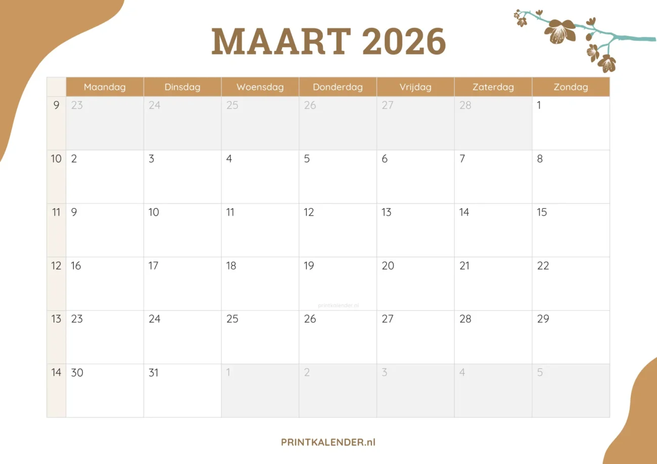 printbare kalender maart 2026 - elegant ontwerp met bloemmotief