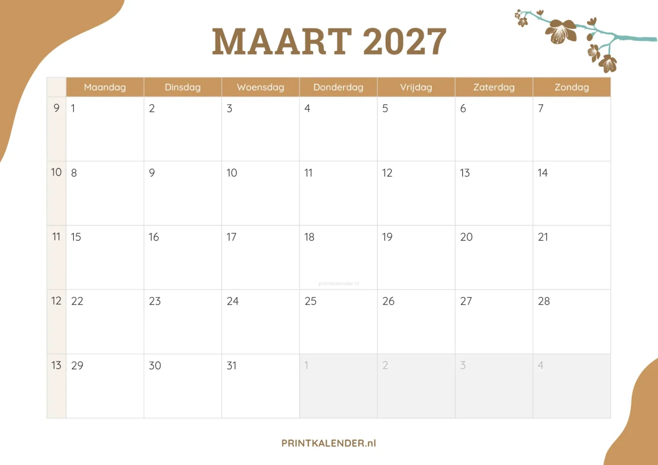 printbare kalender maart 2027 - elegant ontwerp met bloemmotief