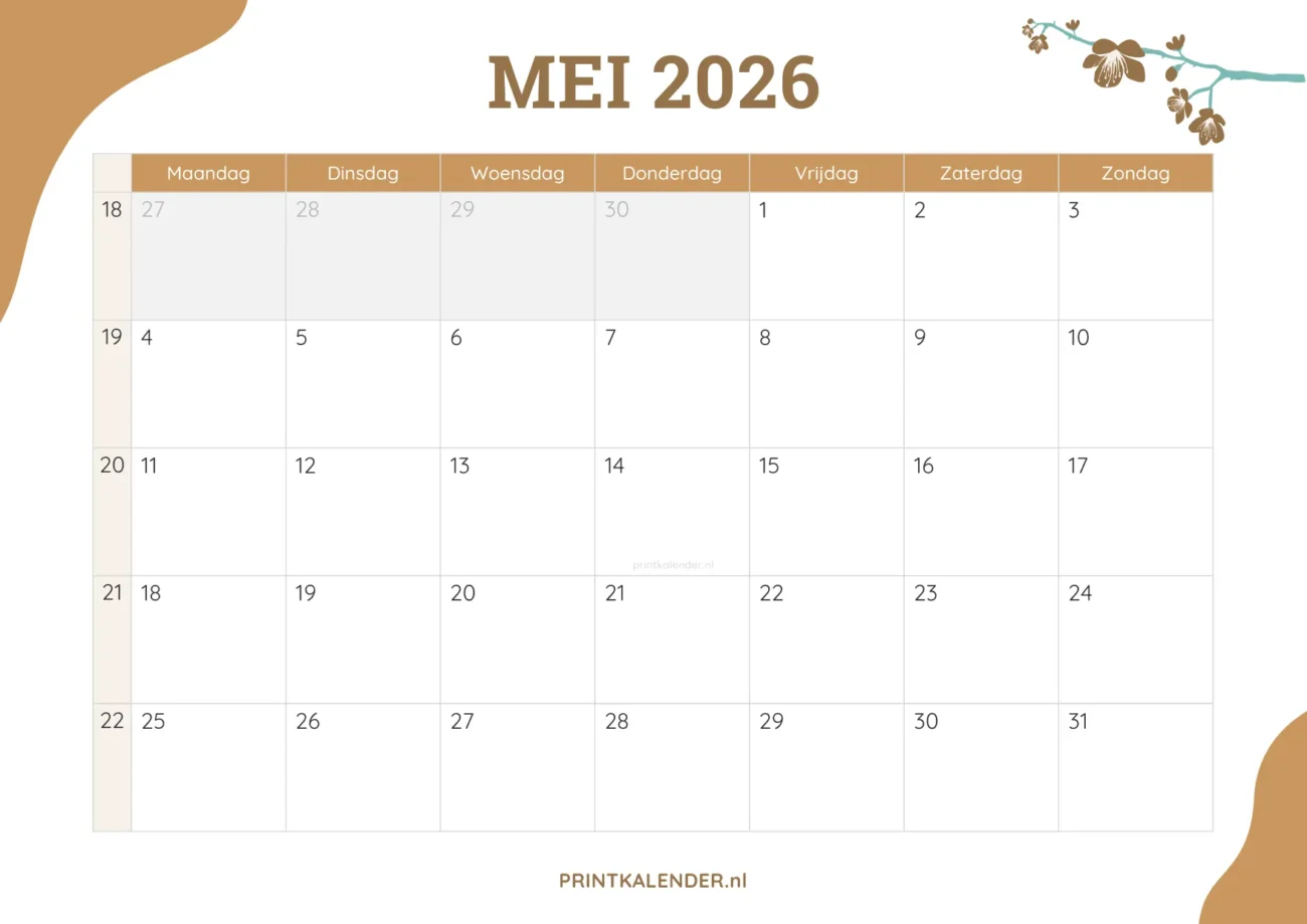 printbare kalender mei 2026 - elegant ontwerp met bloemmotief
