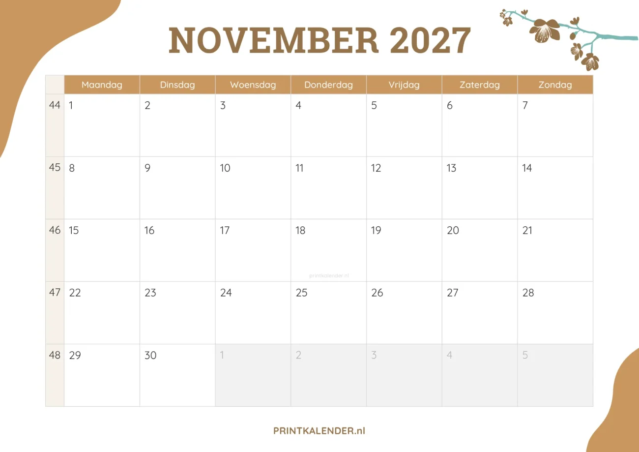 printbare kalender november 2027 - elegant ontwerp met bloemmotief