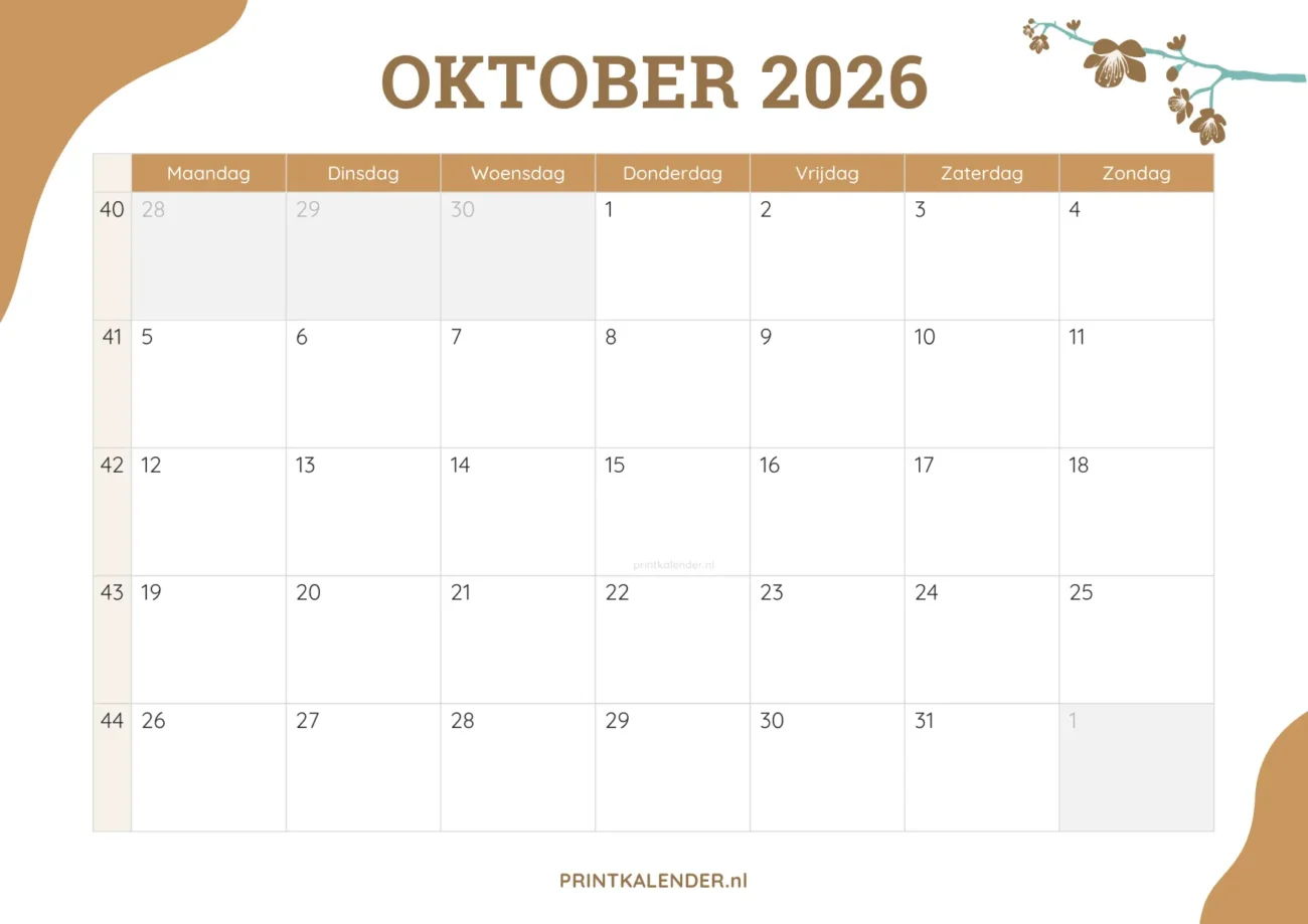 printbare kalender oktober 2026 - elegant ontwerp met bloemmotief