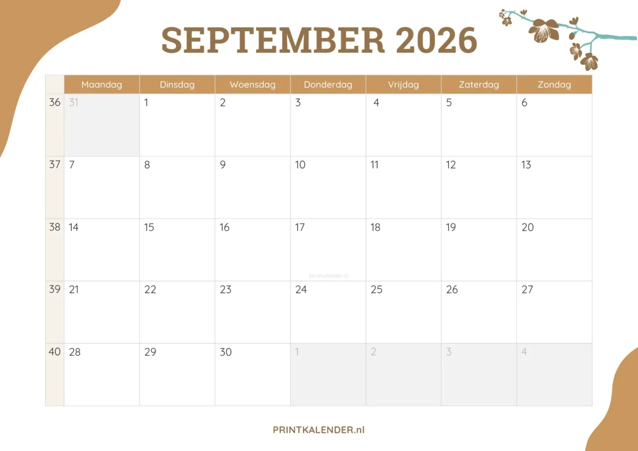 printbare kalender september 2026 - elegant ontwerp met bloemmotief