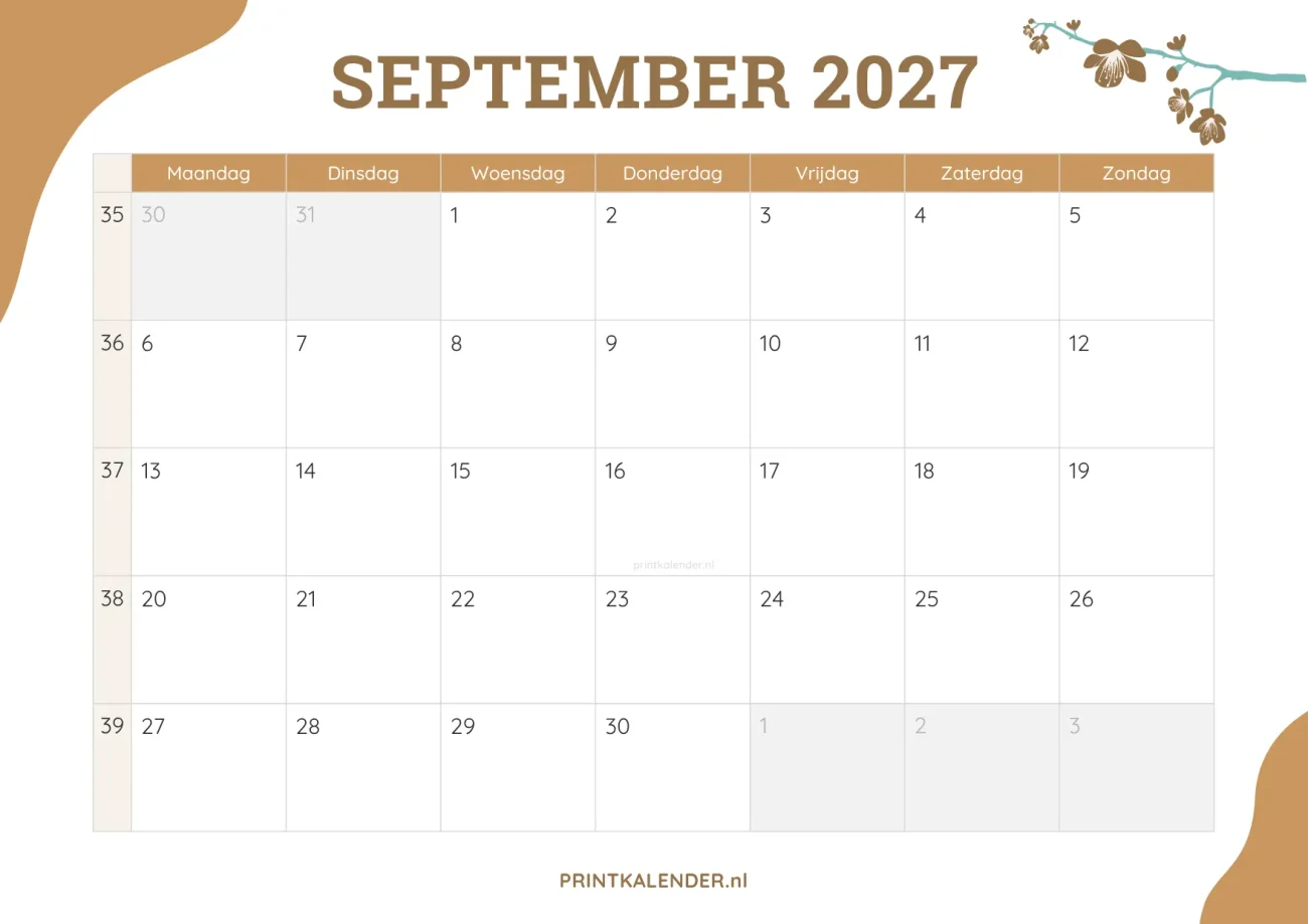 printbare kalender september 2027 - elegant ontwerp met bloemmotief